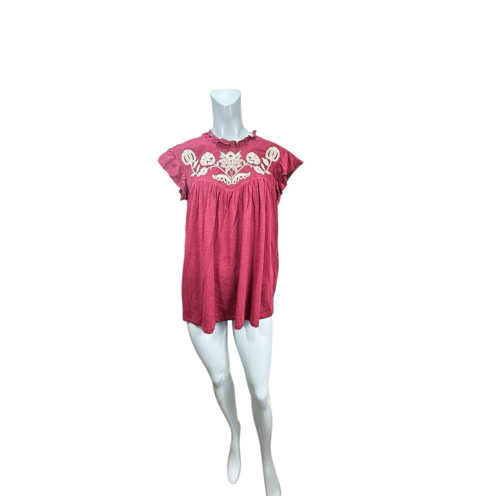 Women's M Know Rose Embroidered‎ Short Sleeve Maroon Shirt Tasseled Accents